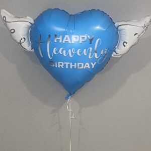 Happy Heavenly Birthday blue heart shaped balloon with angel wings