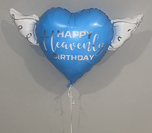 Happy Heavenly Birthday blue heart shaped balloon with angel wings