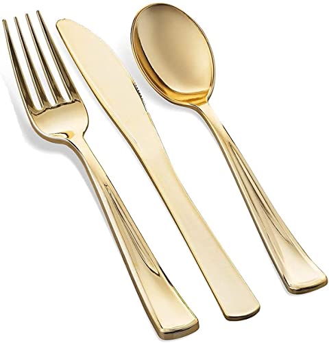 125 Piece Gold Dinnerware Party Set - 50 Gold Rim Plastic Plates, 25 Dinner 25 Dessert Plates, 75 Gold Silverware, 25 Knives, 25 Forks, 25 Spoons - 25 Guest Disposable Set for Wedding Birthday Parties