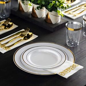 125 Piece Gold Dinnerware Party Set - 50 Gold Rim Plastic Plates, 25 Dinner 25 Dessert Plates, 75 Gold Silverware, 25 Knives, 25 Forks, 25 Spoons - 25 Guest Disposable Set for Wedding Birthday Parties