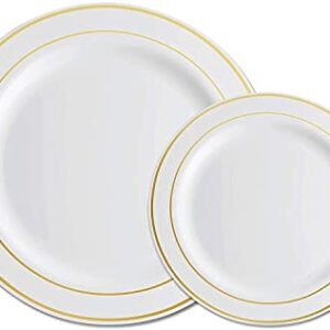 125 Piece Gold Dinnerware Party Set - 50 Gold Rim Plastic Plates, 25 Dinner 25 Dessert Plates, 75 Gold Silverware, 25 Knives, 25 Forks, 25 Spoons - 25 Guest Disposable Set for Wedding Birthday Parties