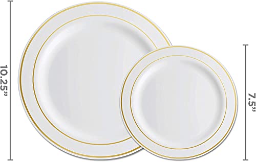 125 Piece Gold Dinnerware Party Set - 50 Gold Rim Plastic Plates, 25 Dinner 25 Dessert Plates, 75 Gold Silverware, 25 Knives, 25 Forks, 25 Spoons - 25 Guest Disposable Set for Wedding Birthday Parties