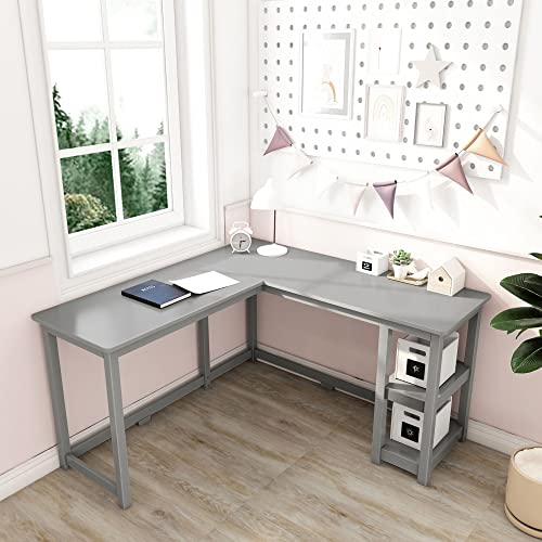 Max & Lily Solid Wood Corner Desk, 55 x 55 Inches, Grey