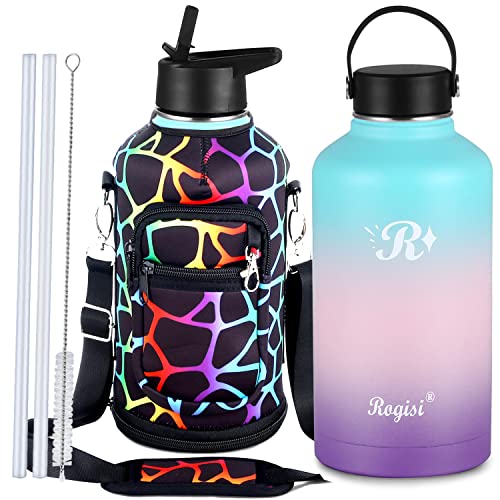 Insulated Half Gallon Water Bottle with Straw, Sleeve & 2 Lids, Rogisi 64oz Stainless Steel Gallon Water Jug Wide Mouth Vacuum Metal Thermo Mug with Carrier Keep Cold for 48 Hrs or Hot for 24 Hrs