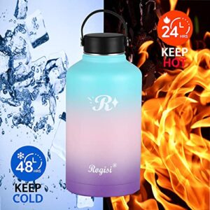 Insulated Half Gallon Water Bottle with Straw, Sleeve & 2 Lids, Rogisi 64oz Stainless Steel Gallon Water Jug Wide Mouth Vacuum Metal Thermo Mug with Carrier Keep Cold for 48 Hrs or Hot for 24 Hrs