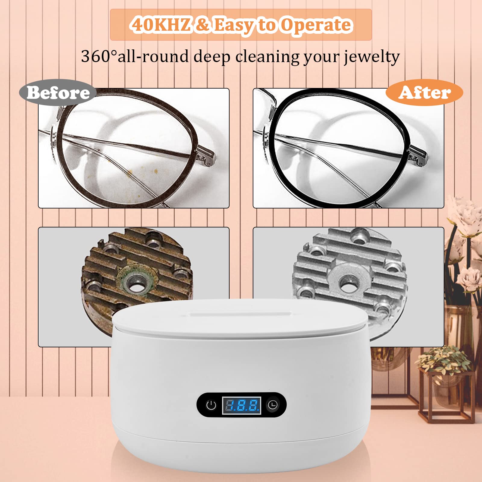 Ultrasonic Cleaner, Jewelry Cleaner with 40kHz Five Digital Timer 600ML Ultrasonic Jewelry Cleaner with Basket for Cleaning Eye Glasses, Rings,Watch,Coin,Silver…