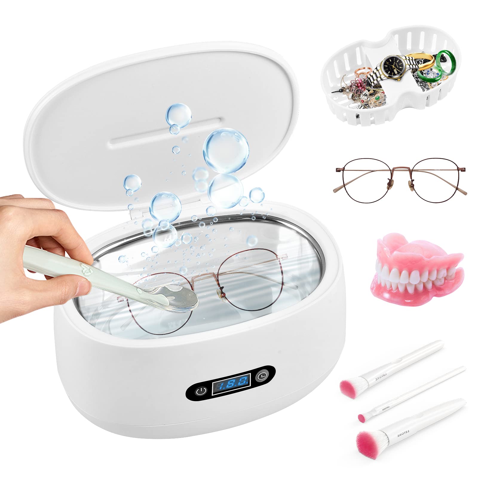 Ultrasonic Cleaner, Jewelry Cleaner with 40kHz Five Digital Timer 600ML Ultrasonic Jewelry Cleaner with Basket for Cleaning Eye Glasses, Rings,Watch,Coin,Silver…