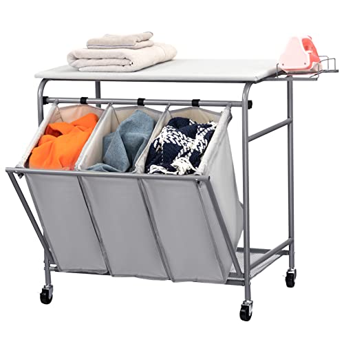 HollyHOME Laundry Sorter Cart Heavy Duty 3 Bags Classic Rolling Side pull Ironing Board Laundry Hamper Sorter with Iron Rack and 4 Wheels Grey