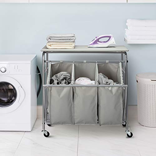 HollyHOME Laundry Sorter Cart Heavy Duty 3 Bags Classic Rolling Side pull Ironing Board Laundry Hamper Sorter with Iron Rack and 4 Wheels Grey