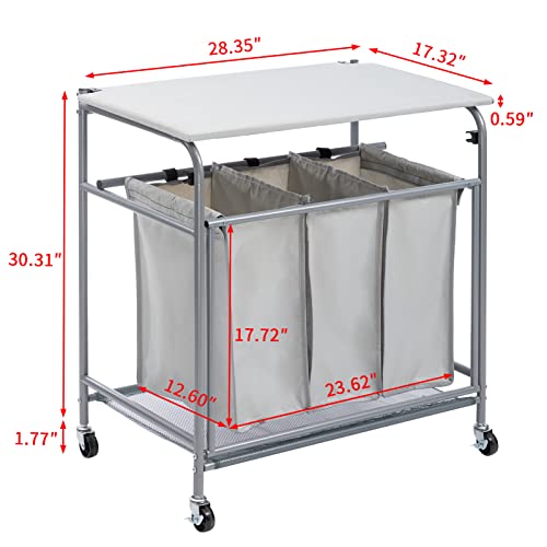 HollyHOME Laundry Sorter Cart Heavy Duty 3 Bags Classic Rolling Side pull Ironing Board Laundry Hamper Sorter with Iron Rack and 4 Wheels Grey