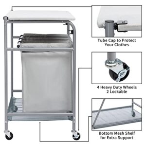 HollyHOME Laundry Sorter Cart Heavy Duty 3 Bags Classic Rolling Side pull Ironing Board Laundry Hamper Sorter with Iron Rack and 4 Wheels Grey