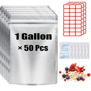 50 pack 1 gallon mylar bags for food storage with with oxygen absorbers, 4.7 mil mylar storage bags 10"x 14" stand-up zipper resealable bags for grains legumes and long term food storage