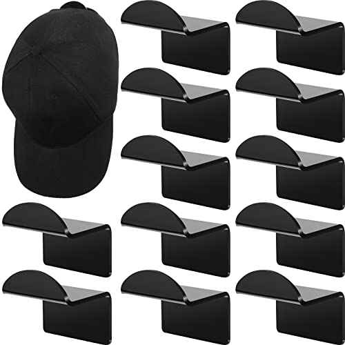 12 Pieces Adhesive Hat Rack for Wall, Acrylic Baseball Hat Holder Organizer No Drilling Hat Holder Stick on Hat Hook Hat Display Shelf for Home, Office, Black