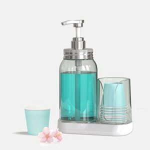 whiterhino 25oz mouthwash pump dispenser, mouthwash container with cup holder, refillable round bottles, mouthwash decanter with 8 piece 4oz paper cup, for bathroom, countertop, cupboard(clear bule)