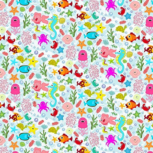 Texco Inc 100% Combed Quilting Prints Craft Cotton Apparel Home/DIY Fabric, Baby Blue Green Pink Orange 1 Yard