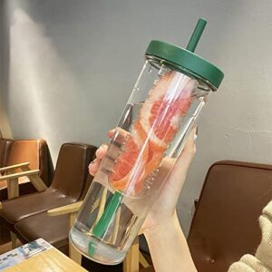 oAutoSjy Water Bottle with Filter and Straw Portable Transparent Water Cup with Lid Collapsible Suck Tube Cup Large Capacity Drinking Bottle for Girls Plastic Wide Mouth Juice Bottle for Travel, Green