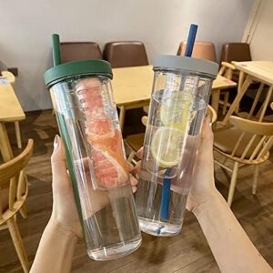 oAutoSjy Water Bottle with Filter and Straw Portable Transparent Water Cup with Lid Collapsible Suck Tube Cup Large Capacity Drinking Bottle for Girls Plastic Wide Mouth Juice Bottle for Travel, Green