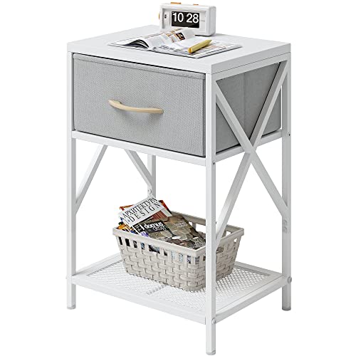 CubiCubi Nightstand with Fabric Storage Drawer, X-Design End Table for Bedroom, Small Side Table for Living Room, Sofa Couch, White