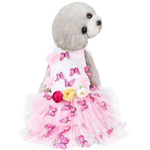 seis butterfly dog dress sweet simulation flower teddy clothes lace 3d cat skirt princess bomei costume adjustable pet tutu for spring summer wedding party (l (chest circumference 47cm/18.5"), pink)
