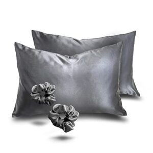alexandra's secret satin bed zippered pillowcase with scrunchies for hair and skin pack of 2 gift set luxury soft and cooling sleep silky pillow cases with zipper (queen, charcoal)