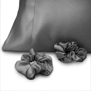 Alexandra's Secret Satin Bed Zippered Pillowcase with Scrunchies for Hair and Skin Pack of 2 Gift Set Luxury Soft and Cooling Sleep Silky Pillow Cases with Zipper (Queen, Charcoal)