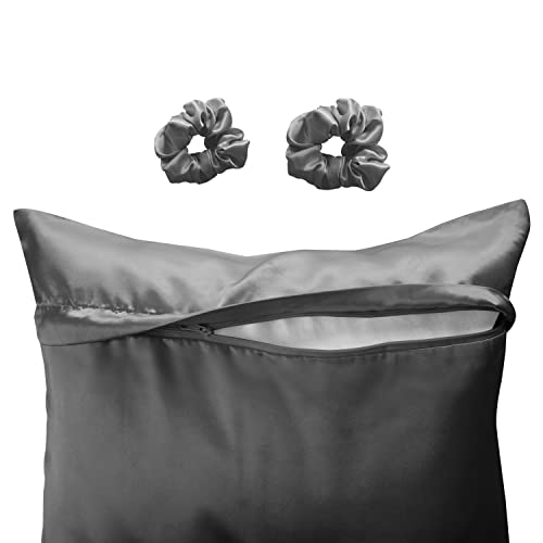 Alexandra's Secret Satin Bed Zippered Pillowcase with Scrunchies for Hair and Skin Pack of 2 Gift Set Luxury Soft and Cooling Sleep Silky Pillow Cases with Zipper (Queen, Charcoal)