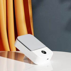 Portable White Mini Personal Fan Operated by USB Rechargeable Battery With Lanyard, Fans Cooling Air Toward Face and Neck. Handheld mini fan Features Stand for Desk or Table. Personal air conditioner.