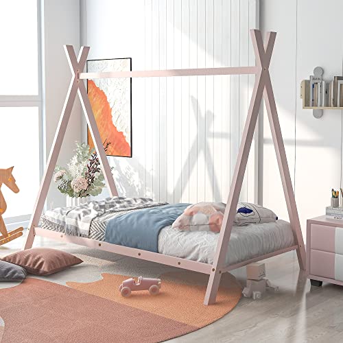 CITYLIGHT House Twin Bed for Kids, Metal Tent Bed with Slat, Toddler Twin House Bed, Montessori Floor Beds for Kids Boys Girls Teens(Twin, Pink)