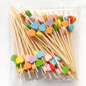 100 pack fruit toothpicks, heart-shaped bamboo cocktail picks, natural bamboo toothpicks for appetizers fruit cake dessert barbecue snacks sandwiches (multicolor)