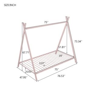 CITYLIGHT House Twin Bed for Kids, Metal Tent Bed with Slat, Toddler Twin House Bed, Montessori Floor Beds for Kids Boys Girls Teens(Twin, Pink)