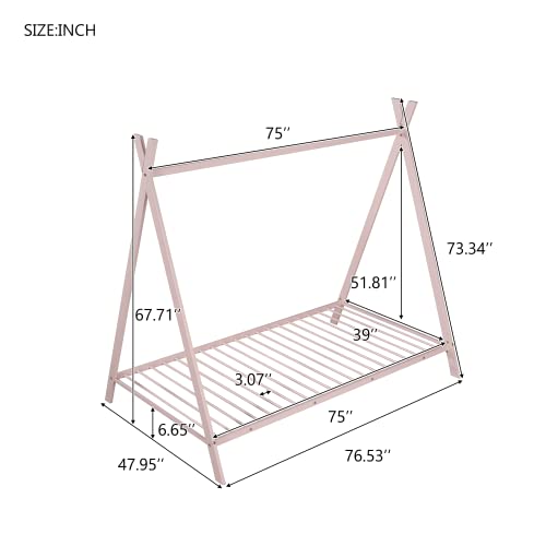 CITYLIGHT House Twin Bed for Kids, Metal Tent Bed with Slat, Toddler Twin House Bed, Montessori Floor Beds for Kids Boys Girls Teens(Twin, Pink)