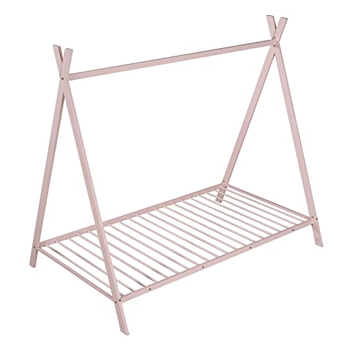 CITYLIGHT House Twin Bed for Kids, Metal Tent Bed with Slat, Toddler Twin House Bed, Montessori Floor Beds for Kids Boys Girls Teens(Twin, Pink)