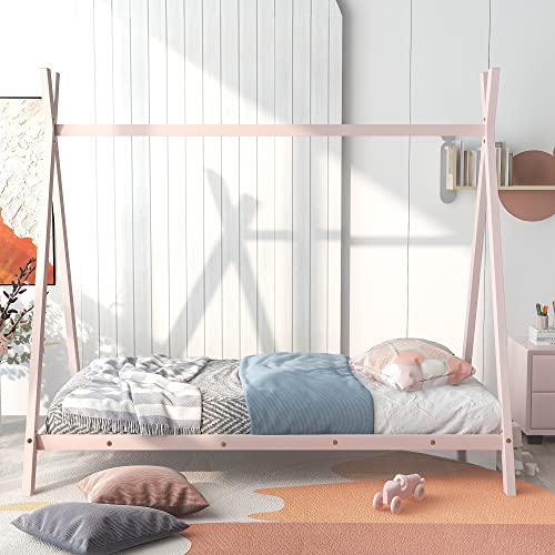 CITYLIGHT House Twin Bed for Kids, Metal Tent Bed with Slat, Toddler Twin House Bed, Montessori Floor Beds for Kids Boys Girls Teens(Twin, Pink)
