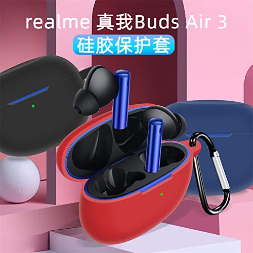 2 Pack DAYJOY Soft Silicone Protective Case Cover Compatible with Realme Buds Air 3 Earbuds, Protective Skin Sleeve with Key Chain (Black+Blue)