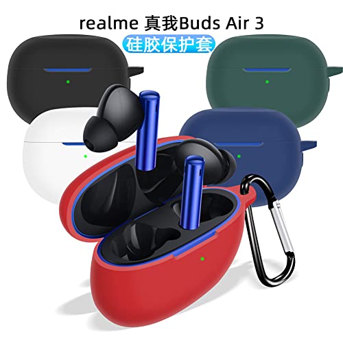 2 Pack DAYJOY Soft Silicone Protective Case Cover Compatible with Realme Buds Air 3 Earbuds, Protective Skin Sleeve with Key Chain (Black+Blue)