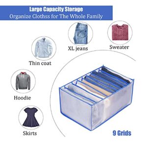 IQ Range 2PCS Jeans Organizer for Closets, Durable Drawer for Clothing, Mesh Wardrobe Organizer for Cloths, Washable Storage for Pants, Sweaters, and T-shirts (Blue, Large 9 Grids)