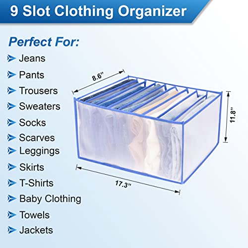 IQ Range 2PCS Jeans Organizer for Closets, Durable Drawer for Clothing, Mesh Wardrobe Organizer for Cloths, Washable Storage for Pants, Sweaters, and T-shirts (Blue, Large 9 Grids)