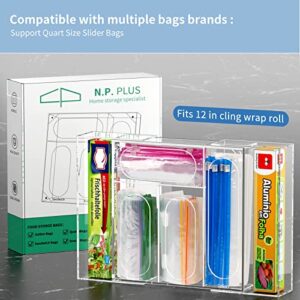 NPPLUS Bag Storage Organizer, Acrylic Expandable Kitchen Drawer Holder, Premium Food Storage Bags Dispenser For Gallon, Quart, Sandwich, Snack Freezer Bags and Fits 12" Length Wrap Rolls