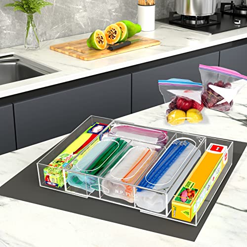 NPPLUS Bag Storage Organizer, Acrylic Expandable Kitchen Drawer Holder, Premium Food Storage Bags Dispenser For Gallon, Quart, Sandwich, Snack Freezer Bags and Fits 12" Length Wrap Rolls