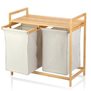 lesolar bamboo laundry hamper and shelf, 2 sections laundry basket with removable liner and sliding handles, dual compartments laundry organizer and storage for bathroom bedroom living room