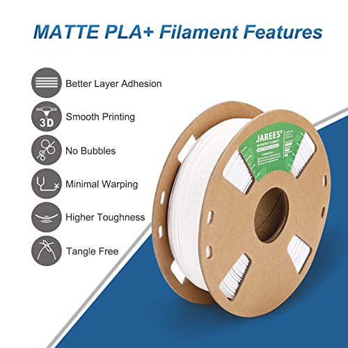 JAREES PLA Plus/Pro Matte Filament 1.75mm,Ultra High Toughness Matte PLA+ Roll 1kg Spool (2.2lbs),White PLA 3D Printer Filament Fit Most FDM Printer (White)