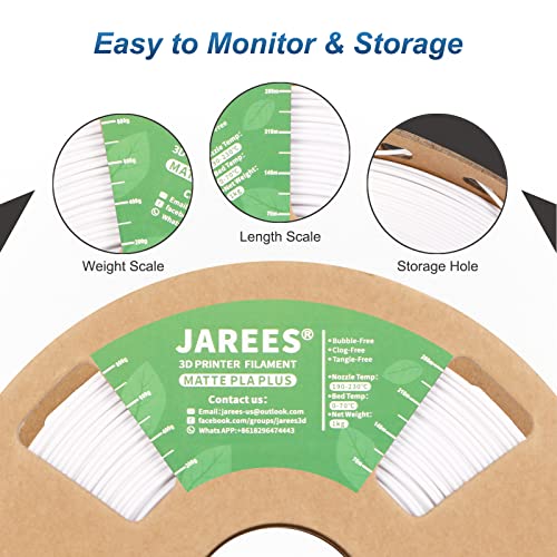 JAREES PLA Plus/Pro Matte Filament 1.75mm,Ultra High Toughness Matte PLA+ Roll 1kg Spool (2.2lbs),White PLA 3D Printer Filament Fit Most FDM Printer (White)