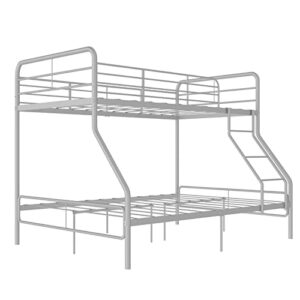 bunk bed twin over full, heavy duty metal bunk bed frame with guard rail & flat ladder stairs, space-saving, no box spring needed (silver)