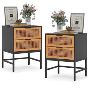 tribesigns nightstands with rattan drawers, modern wood night stands, bedside table with storage, black 2 drawers end table, vintage sofa side table, retro bed side table bedroom living room(pcs 2)