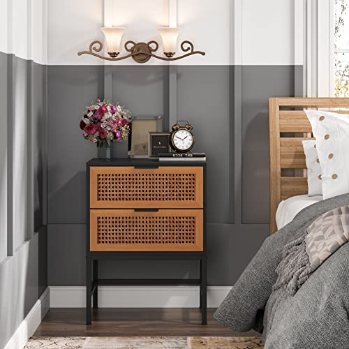 Tribesigns Nightstands with Rattan Drawers, Modern Wood Night Stands, Bedside Table with Storage, Black 2 Drawers End Table, Vintage Sofa Side Table, Retro Bed Side Table Bedroom Living Room(PCS 2)