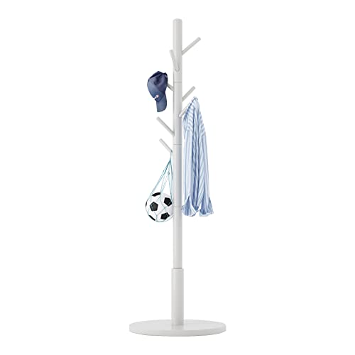 Aibiju Standing Coat Rack Stand with 8 Hooks and 3 Height Options, Wood Kids Coat Tree with Sturdy Round Base, Small Hall Tree Coat Rack White YD-1009