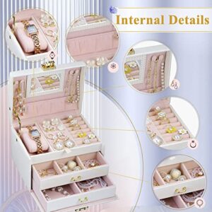 Jewelry Box for Girls Women, Jewelry Organizer Box 3 Layer with PU Leather, White Travel Jewelry Case with Mirror for Earring Ring Bracelet Necklace, Best Gift for Girls(Rose Lock & Butterfly Print)