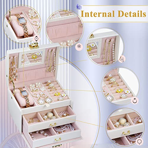 Jewelry Box for Girls Women, Jewelry Organizer Box 3 Layer with PU Leather, White Travel Jewelry Case with Mirror for Earring Ring Bracelet Necklace, Best Gift for Girls(Rose Lock & Butterfly Print)