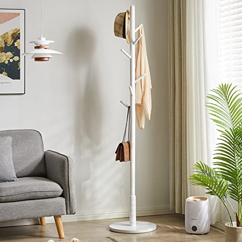 Aibiju Standing Coat Rack Stand with 8 Hooks and 3 Height Options, Wood Kids Coat Tree with Sturdy Round Base, Small Hall Tree Coat Rack White YD-1009