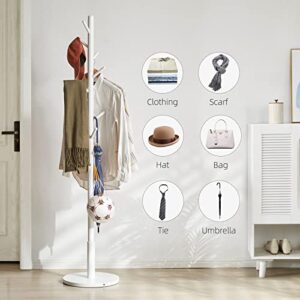 Aibiju Standing Coat Rack Stand with 8 Hooks and 3 Height Options, Wood Kids Coat Tree with Sturdy Round Base, Small Hall Tree Coat Rack White YD-1009